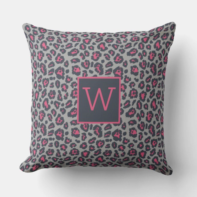 Chic Monogram Hot Pink Gray Leopard Print Pattern Throw Pillow (Front)