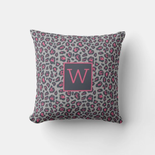 Chic Monogram Hot Pink Gray Leopard Print Pattern Throw Pillow