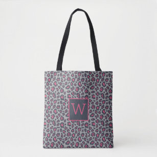 Chic Monogram Hot Pink Gray Leopard Print Pattern Tote Bag