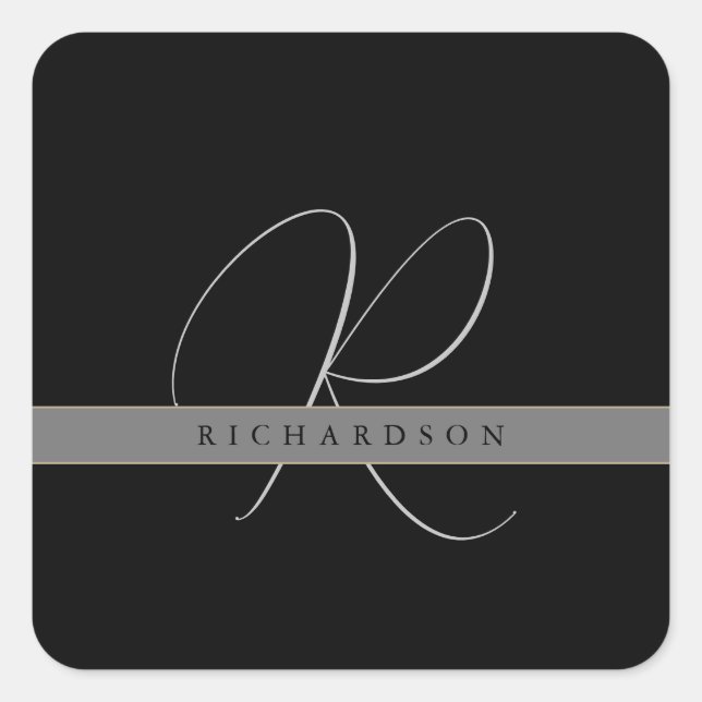 Chic Monogram Initial Name Charcoal Gray Black  Square Sticker (Front)