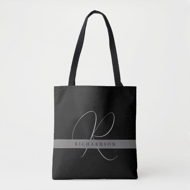 Chic Monogram Initial Name Charcoal Gray Black Tote Bag (Front)