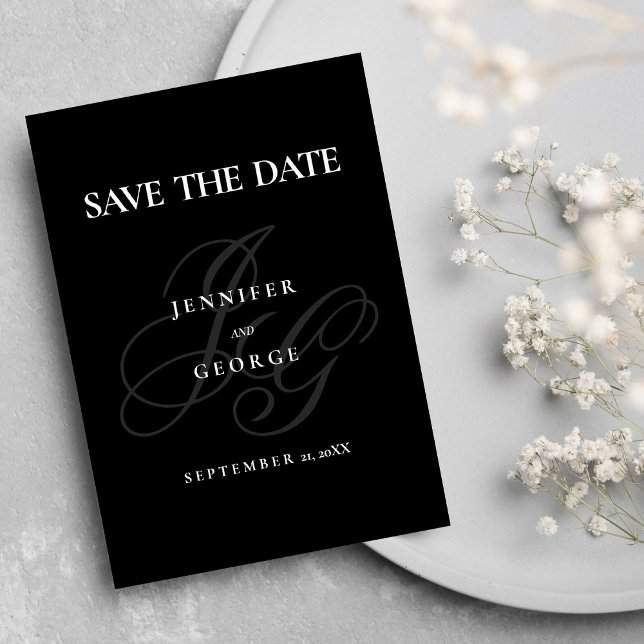 Chic monogram initials black white Save The Date (Chic monogram initials black white Save The Date)