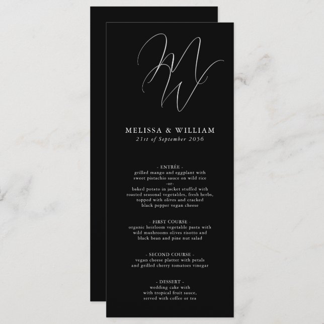 Chic Monogram Initials Black White Wedding Menu (Front/Back)