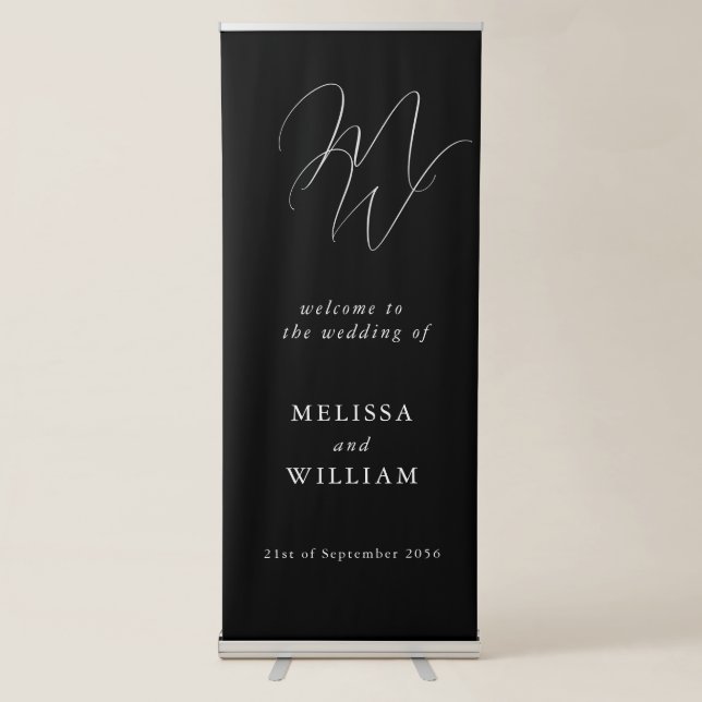Chic Monogram Initials Modern Black Wedding Retractable Banner (Front)