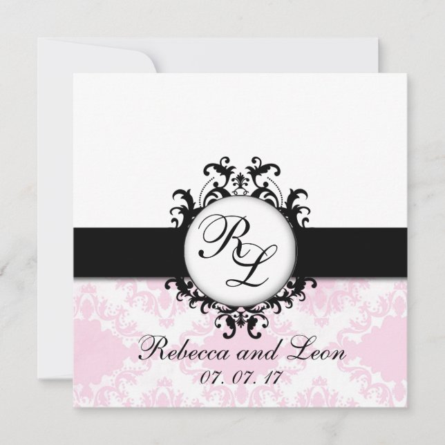 Chic Monogram Initials Pink Damask Wedding Invite (Front)