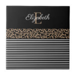Chic Monogram Leopard Print Ceramic Tile<br><div class="desc">Chic and pretty monogram leopard print and black and white striped decorative tile.  Personalize them with your monogram name and initial. Designed for you by Blackberry Boulevard.</div>