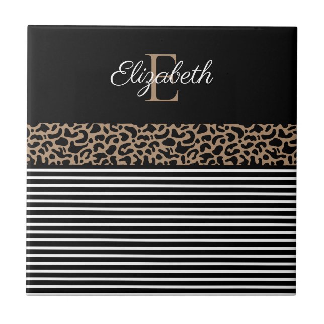 Chic Monogram Leopard Print Ceramic Tile (Front)