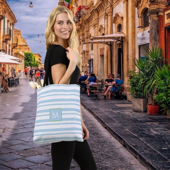 Chic Monogram Light Blue and White Striped  Tote Bag (Creator Uploaded)