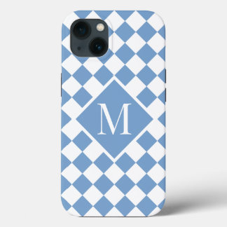 Chic Monogram Light Blue White Checkered Pattern iPhone 13 Case