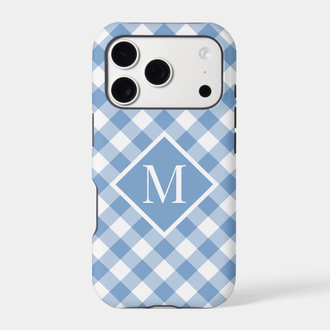 Chic Monogram Light Blue White Gingham Check Case-Mate iPhone Case (Back)