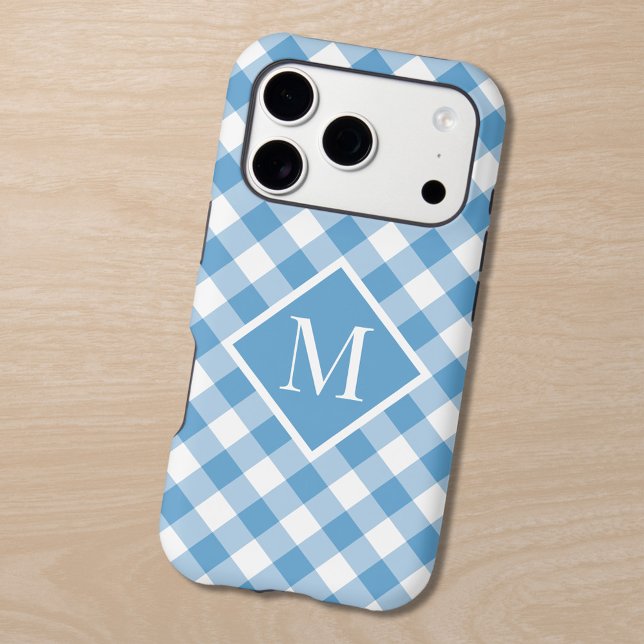 Chic Monogram Light Blue White Gingham Check Case-Mate iPhone Case (Chic Monogram Light Blue White Gingham Check Case-Mate iPhone Case in situ)