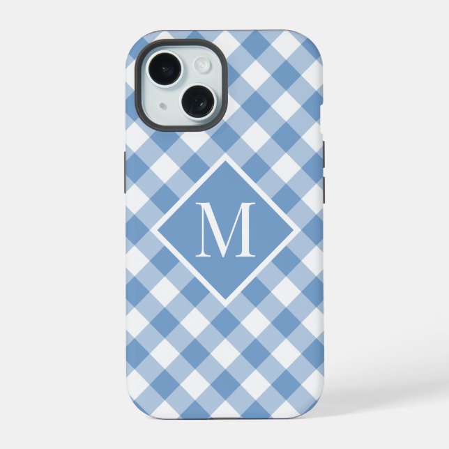 Chic Monogram Light Blue White Gingham Check Iphone Case (Back)