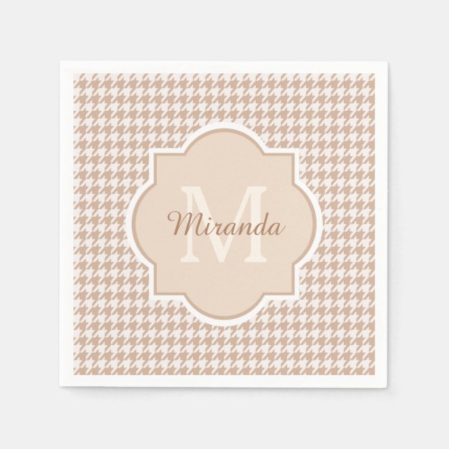 Chic Monogram Light Brown Houndstooth With Name Napkins (Front)