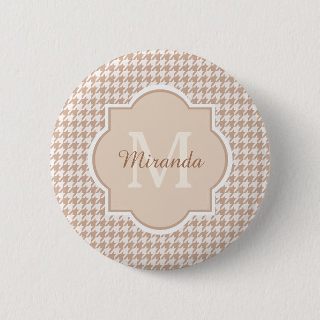 Chic Monogram Light Brown Houndstooth With Name Pinback Button (Front)