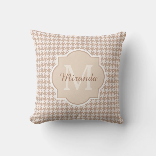 Chic Monogram Light Brown Houndstooth With Name Throw Pillow (Front)