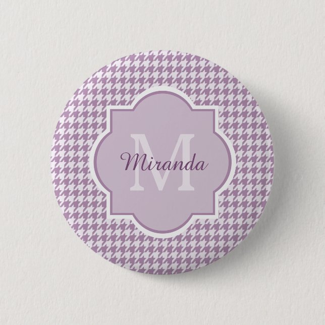 Chic Monogram Light Purple Houndstooth With Name Pinback Button (Front)
