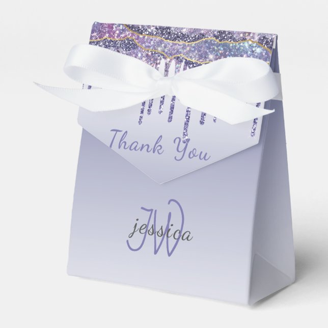 Chic Monogram Marble Blue Glitter Drips  Favor Boxes (Front Side)