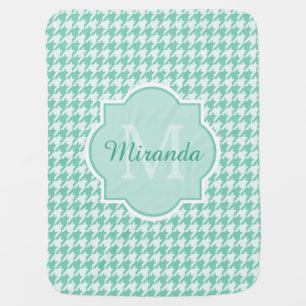 Chic Monogram Mint Green Houndstooth With Name Baby Blanket