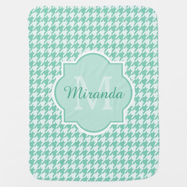Chic Monogram Mint Green Houndstooth With Name Baby Blanket (Front)
