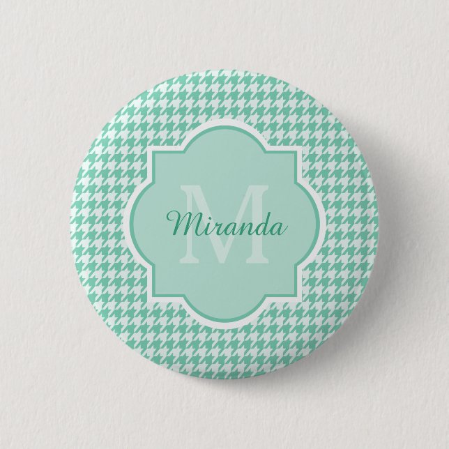 Chic Monogram Mint Green Houndstooth With Name Button (Front)