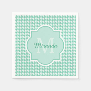 Chic Monogram Mint Green Houndstooth With Name Paper Napkins