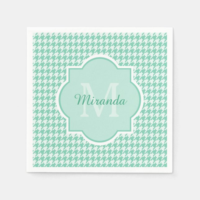 Chic Monogram Mint Green Houndstooth With Name Paper Napkins (Front)