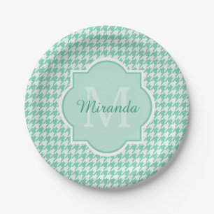 Chic Monogram Mint Green Houndstooth With Name Paper Plates