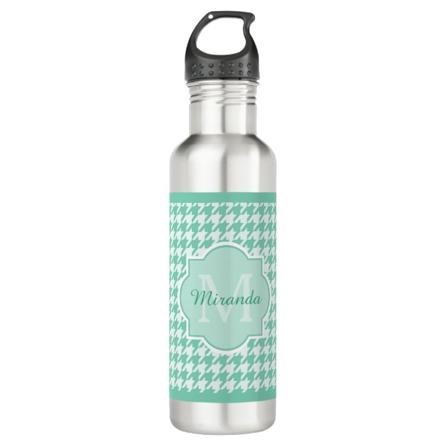 Chic Monogram Mint Green Houndstooth With Name Water Bottle (Front)