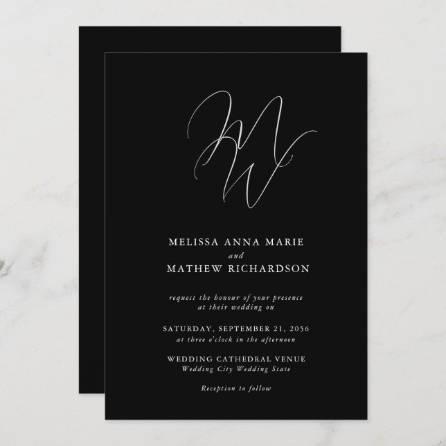 Chic Monogram Modern Black & White Wedding Invitation (Front/Back)
