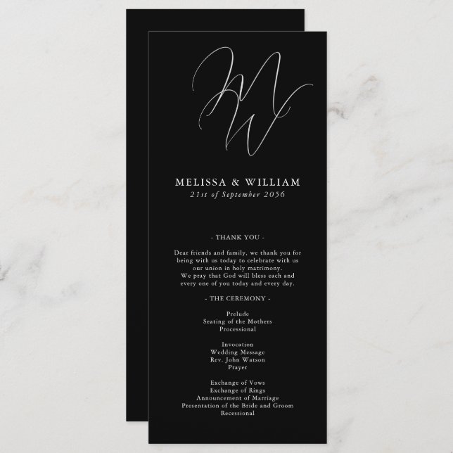 Chic Monogram Modern Black & White Wedding Program (Front/Back)