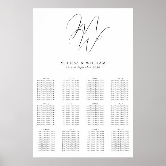 Chic Monogram Modern Black & White Wedding Seating Poster (Front)