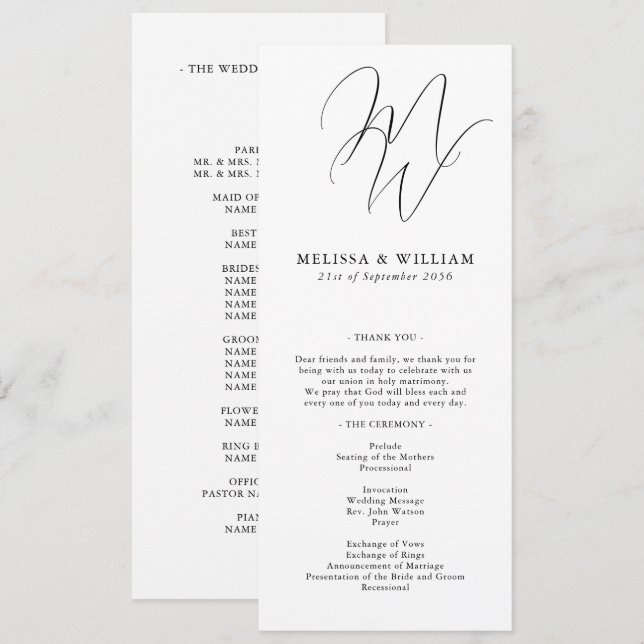 Chic Monogram Modern Initials White Wedding Program (Front/Back)