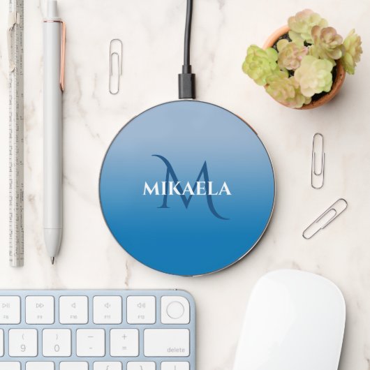 Chic Monogram Name on Sky Blue Gradient Wireless Charger (Desk)