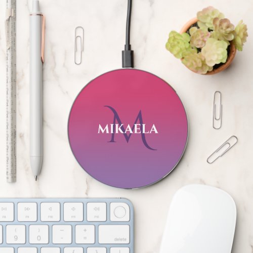 Chic Monogram Name Pink to Purple Gradient Wireless Charger