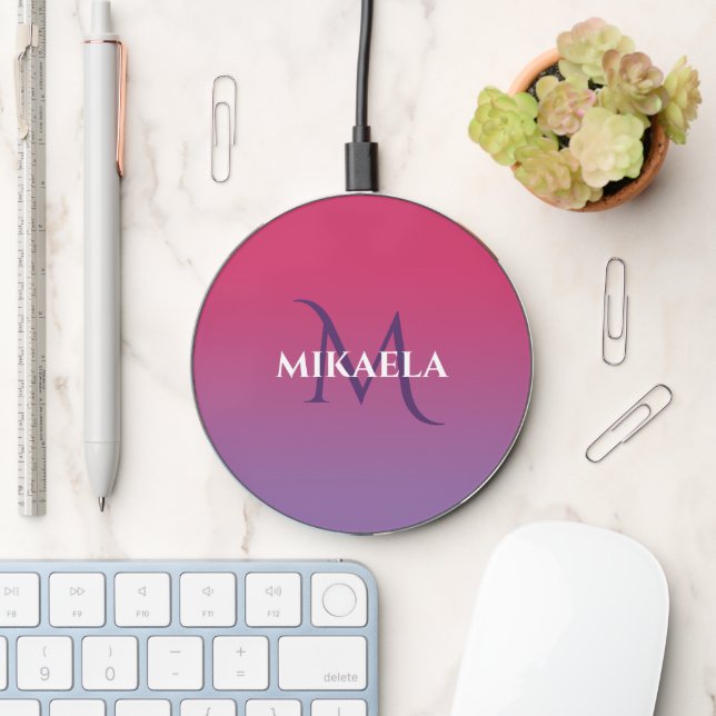 Chic Monogram Name Pink to Purple Gradient Wireless Charger (Desk)