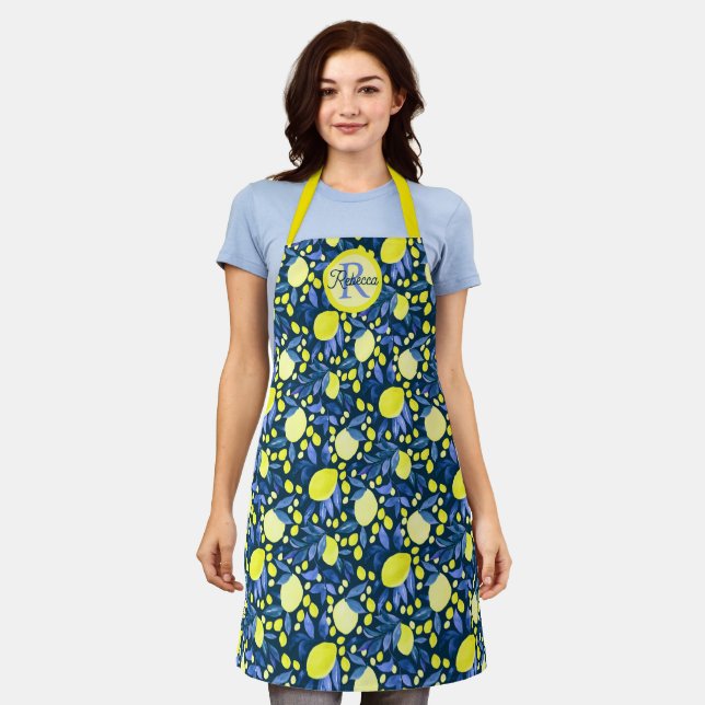 Chic Monogram Name Rustic Citrus Lemons Blue Leaf Apron (Worn)
