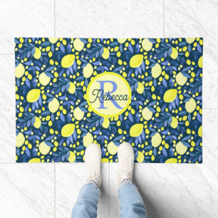 Chic Monogram Name Rustic Citrus Lemons Blue Leaf Doormat