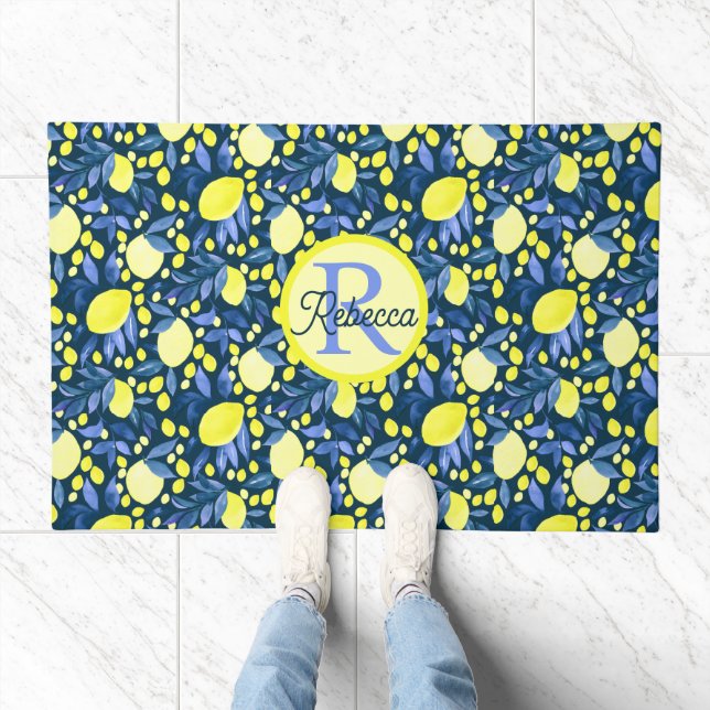 Chic Monogram Name Rustic Citrus Lemons Blue Leaf Doormat (Indoor)