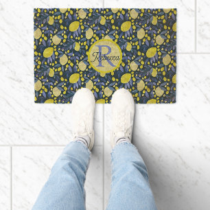 Chic Monogram Name Rustic Citrus Lemons Blue Leaf Fiber Doormat