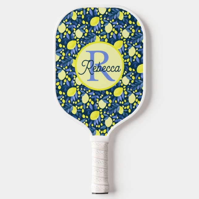 Chic Monogram Name Rustic Citrus Lemons Blue Leaf Pickleball Paddle (Front)