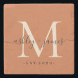 Chic Monogram Names Wedding Date Burnt Orange Stone Coaster<br><div class="desc">Chic, modern monogrammed stone coaster with your names and year established in black elegant hand lettered script calligraphy with an ivory monogram on a burnt orange background. Simply add your names, monogram and year established beneath. Stylish design and perfect luxury gift for the newlywed couple. If you need any help...</div>