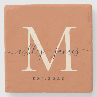 Chic Monogram Names Wedding Date Burnt Orange Stone Coaster