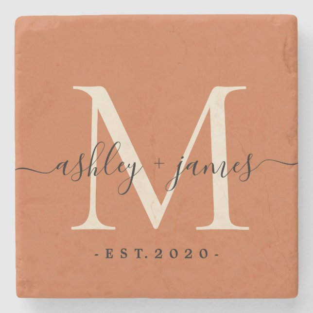 Chic Monogram Names Wedding Date Burnt Orange Stone Coaster (Front)