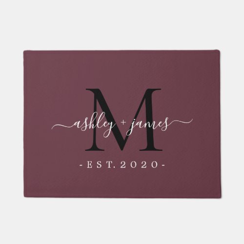 Chic Monogram Names Year Established Burgundy Doormat