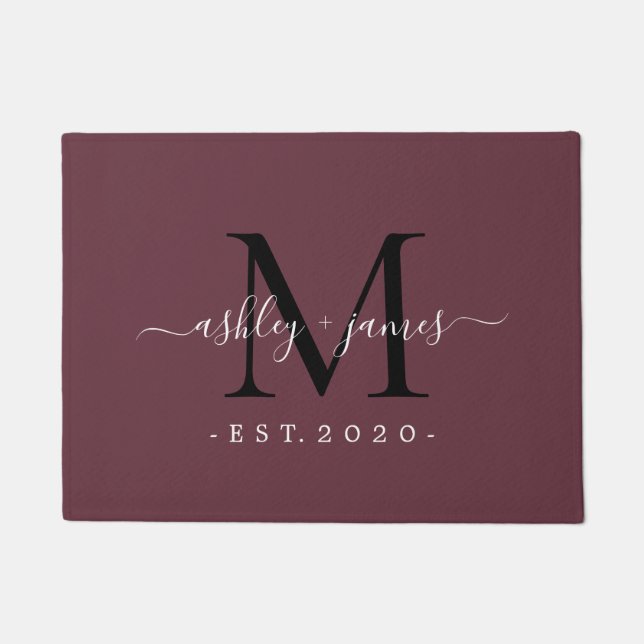 Chic Monogram Names Year Established Burgundy Doormat (Front)