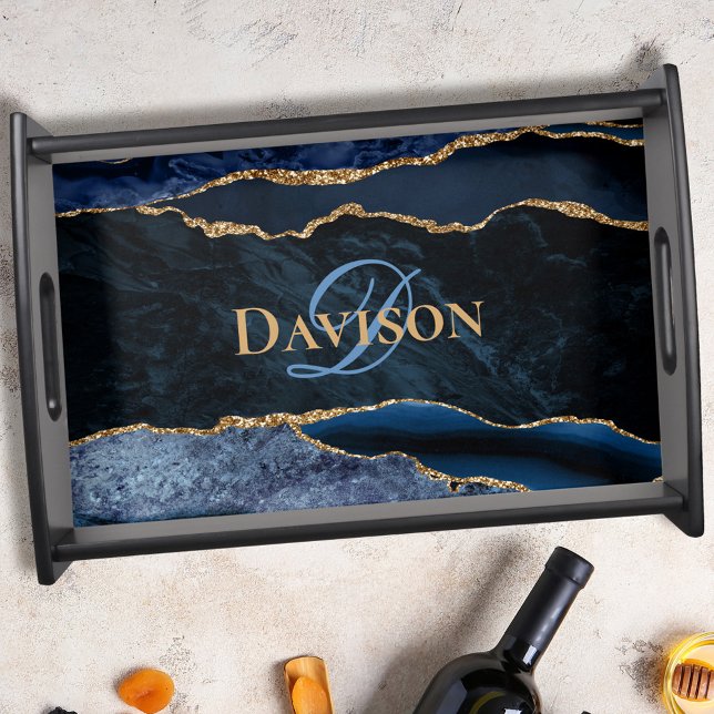 Chic Monogram Navy Blue Gold Agate Serving Tray (Creator Uploaded)