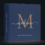 Chic Monogram Navy Blue Gold Script Office School 3 Ring Binder<br><div class="desc">Elegant Monogram Navy Blue Gold Script Name Home Office Professional Work Back to School Recipe 3 ring binder</div>