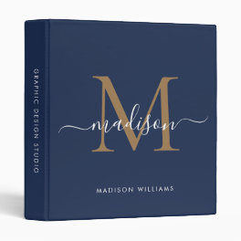 Chic Monogram Navy Blue Gold Script Office School 3 Ring Binder