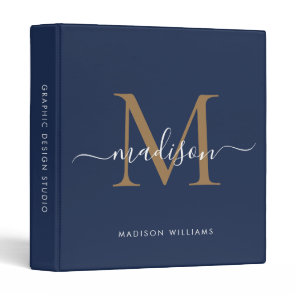 Chic Monogram Navy Blue Gold Script Office School 3 Ring Binder