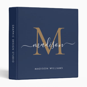 Chic Monogram Navy Blue Gold Script Office School 3 Ring Binder